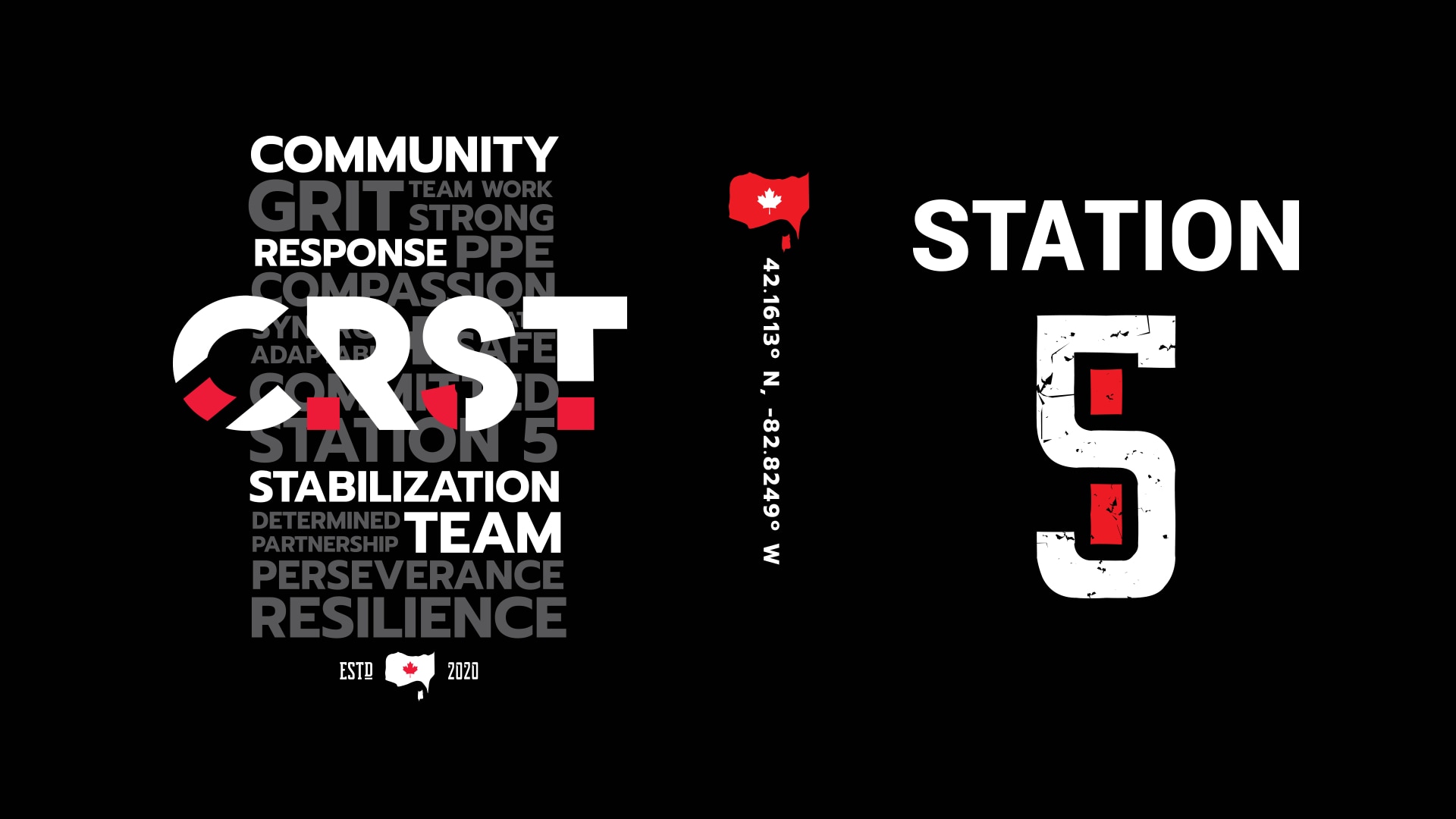 Graphic featuring “CRST” and “Station 5” with words like “community,” “grit,” and “resilience” on a black background; includes coordinates and a red Ohio state icon.