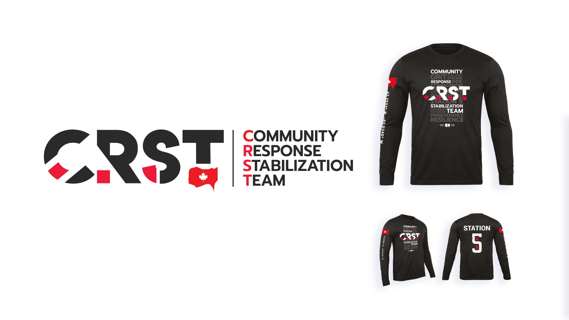 Black long-sleeve shirts with "Community Response Stabilization Team" and "CRST" logo; one shirt displays "STATION 5" on the back. Logo also shown separately.