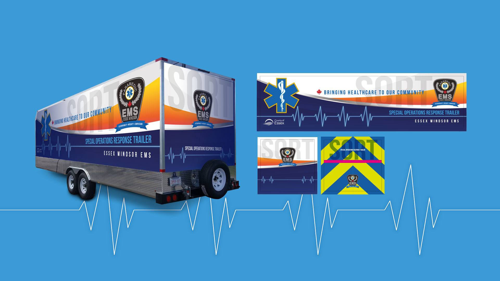 A medical response trailer branded with "Special Operations Response Trailer" and EMS logos is shown alongside close-up views of its graphics on a blue background with a heartbeat line.
