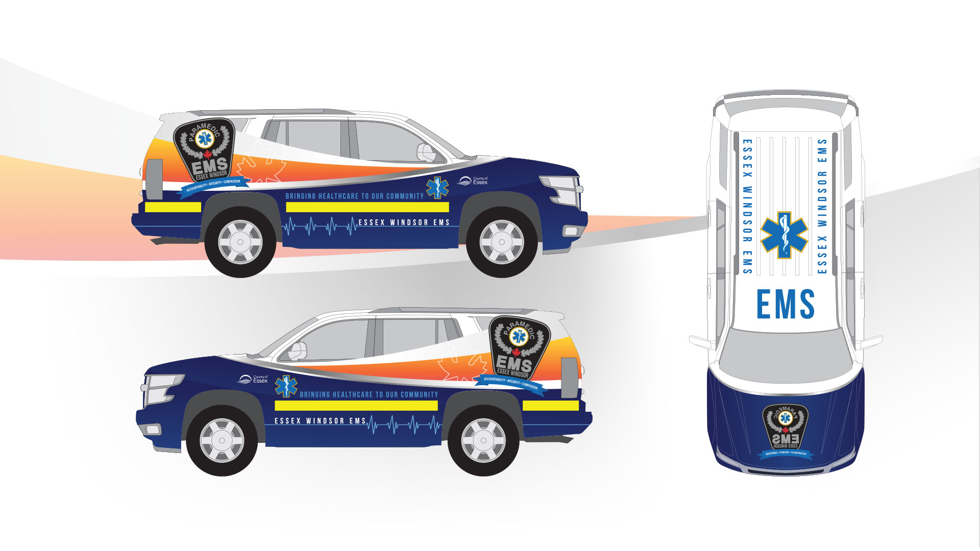 Illustration of an Essex Windsor EMS SUV with blue, orange, and yellow graphics, medical symbols, and "EMS" text viewed from side and top perspectives.