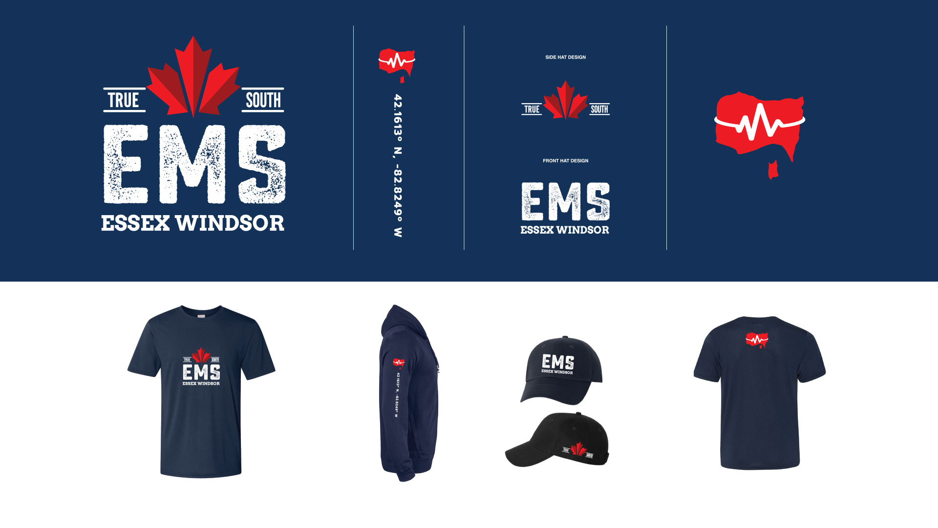 Navy blue EMS Essex Windsor apparel and merchandise, including shirts, hoodies, and hats, featuring a red maple leaf, heart graphic, and white text logos.