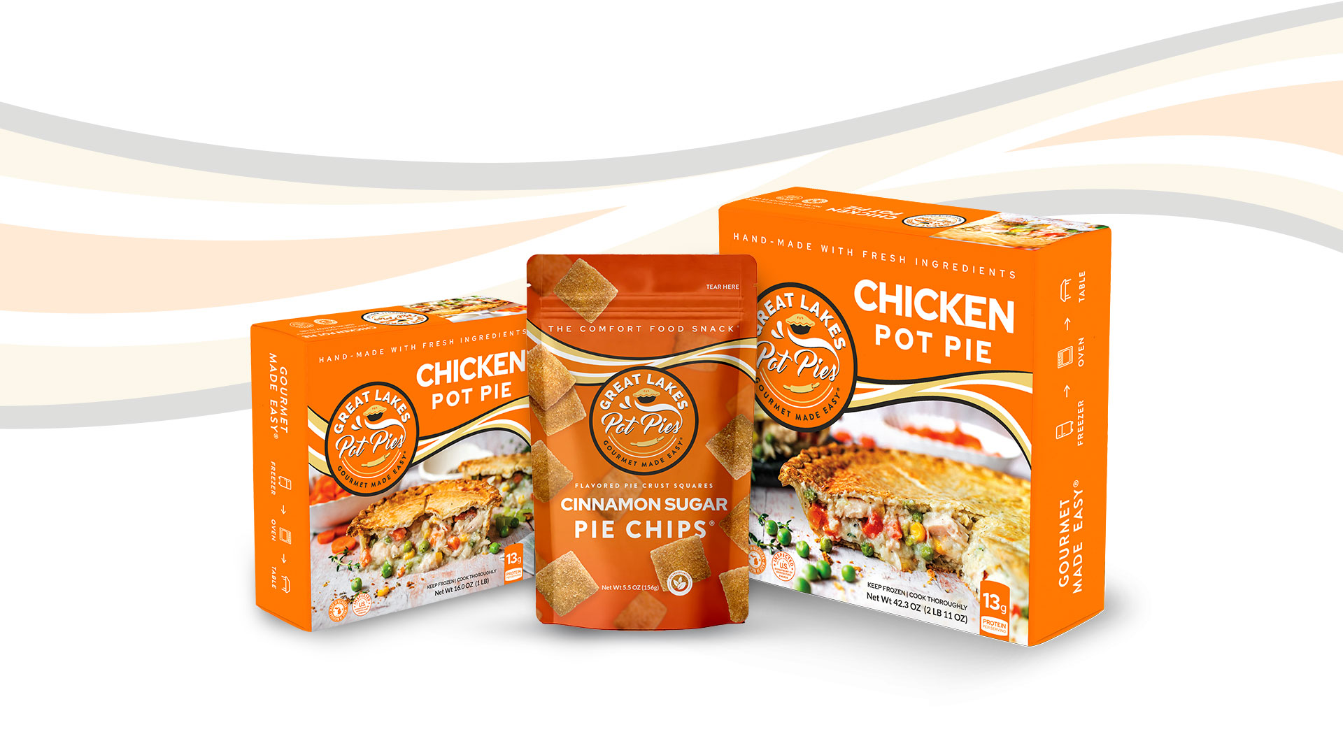 Three orange-packaged Great Lakes Pot Pie products displayed: two chicken pot pie boxes and one bag of cinnamon sugar pie chips, set against a white background with wavy lines.