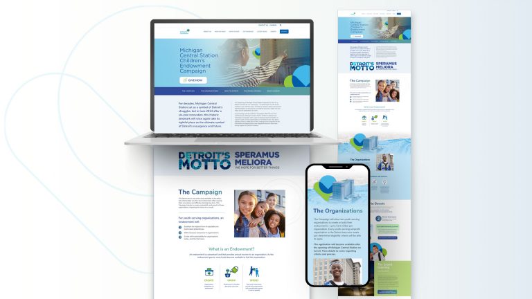 A laptop, smartphone, and vertical banner display the responsive web design of the Michigan Central Station Children’s Endowment Campaign website, showcasing its homepage and branding elements.