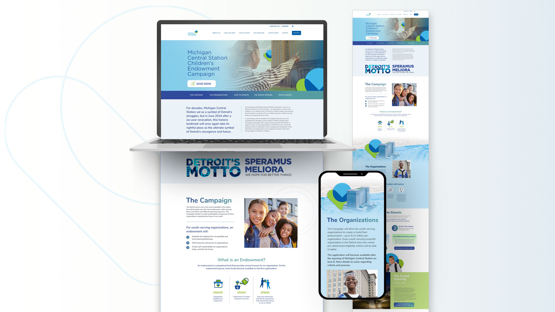 A laptop, smartphone, and vertical banner display the responsive web design of the Michigan Central Station Children’s Endowment Campaign website, showcasing its homepage and branding elements.