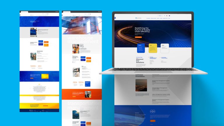 A laptop displaying a supply chain website is positioned in front of two tall vertical banners showing various sections of the same website, all set against a blue background.