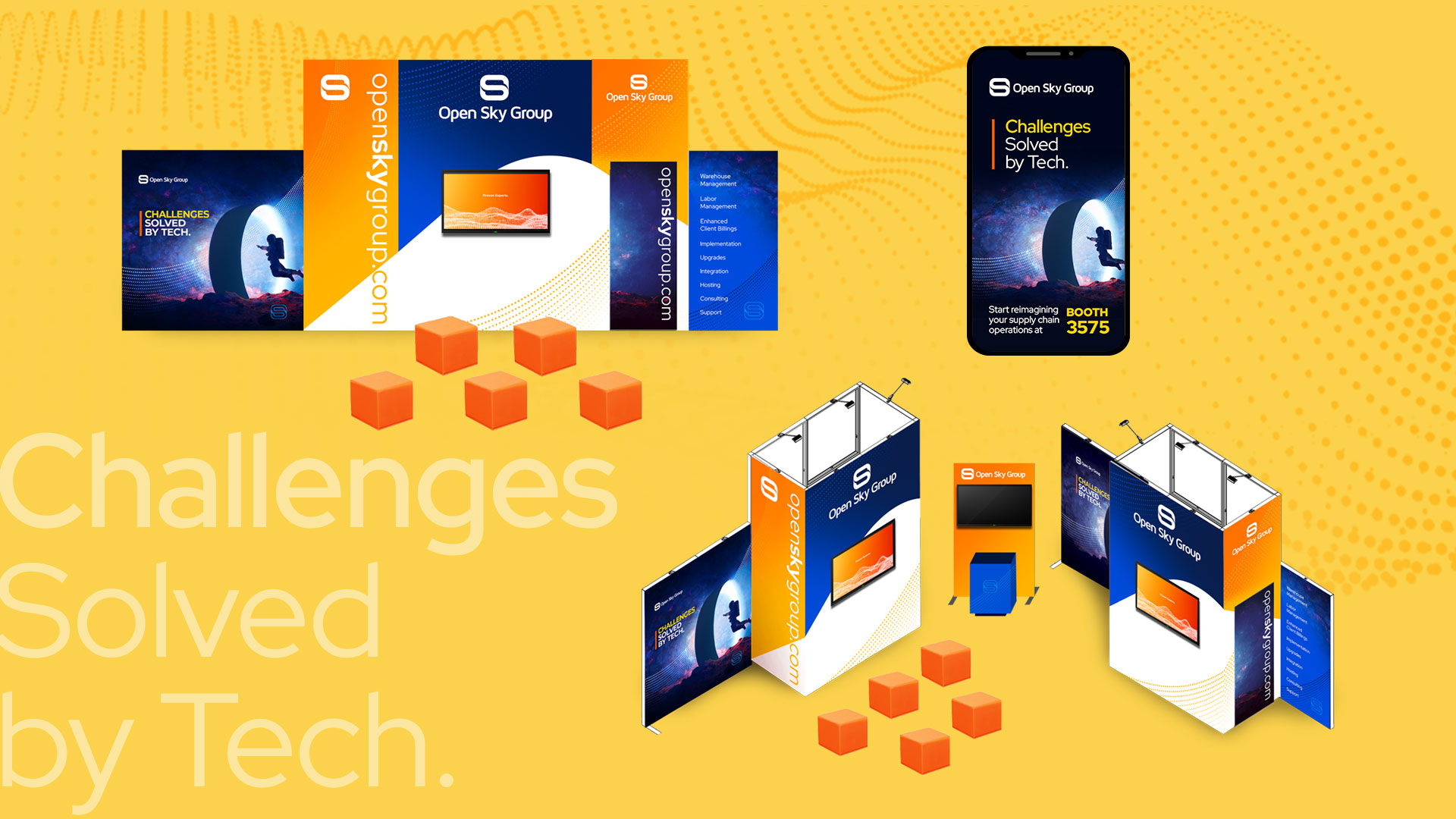 Trade show booth displays and promotional materials for Open Sky Group with the slogan “Challenges Solved by Tech.” on a yellow background, featuring digital and printed visuals.
