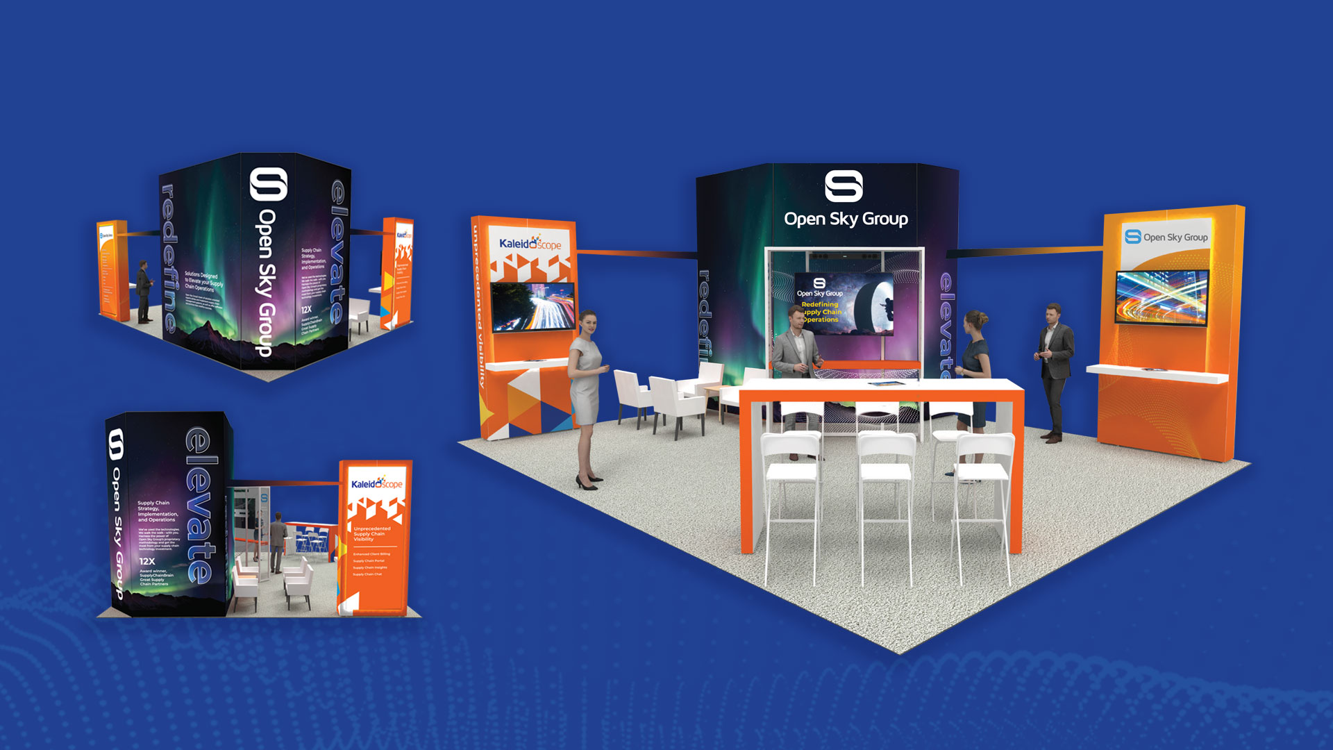 Trade show booth rendering for Open Sky Group, showing seating area, digital displays, branded signage, and staff figures on a blue background.