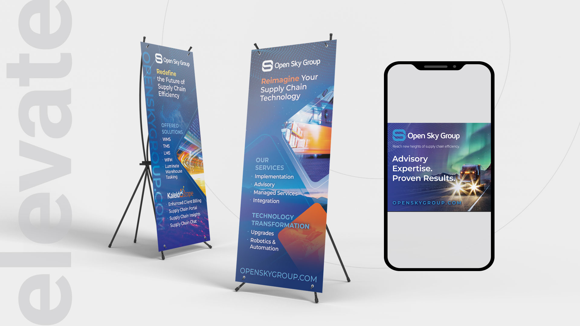 Two vertical banners and a smartphone display an Open Sky Group advertisement highlighting supply chain technology services and advisory expertise, set against a light background.