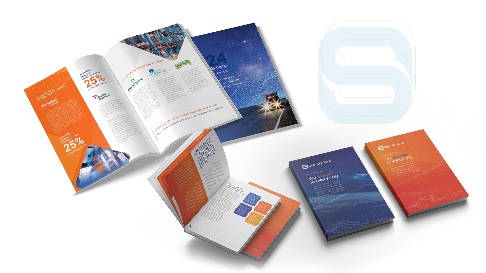 Several open and closed annual report booklets are displayed on a white background, featuring graphs, photos, and a blue and orange color scheme. A stylized logo appears in the background.