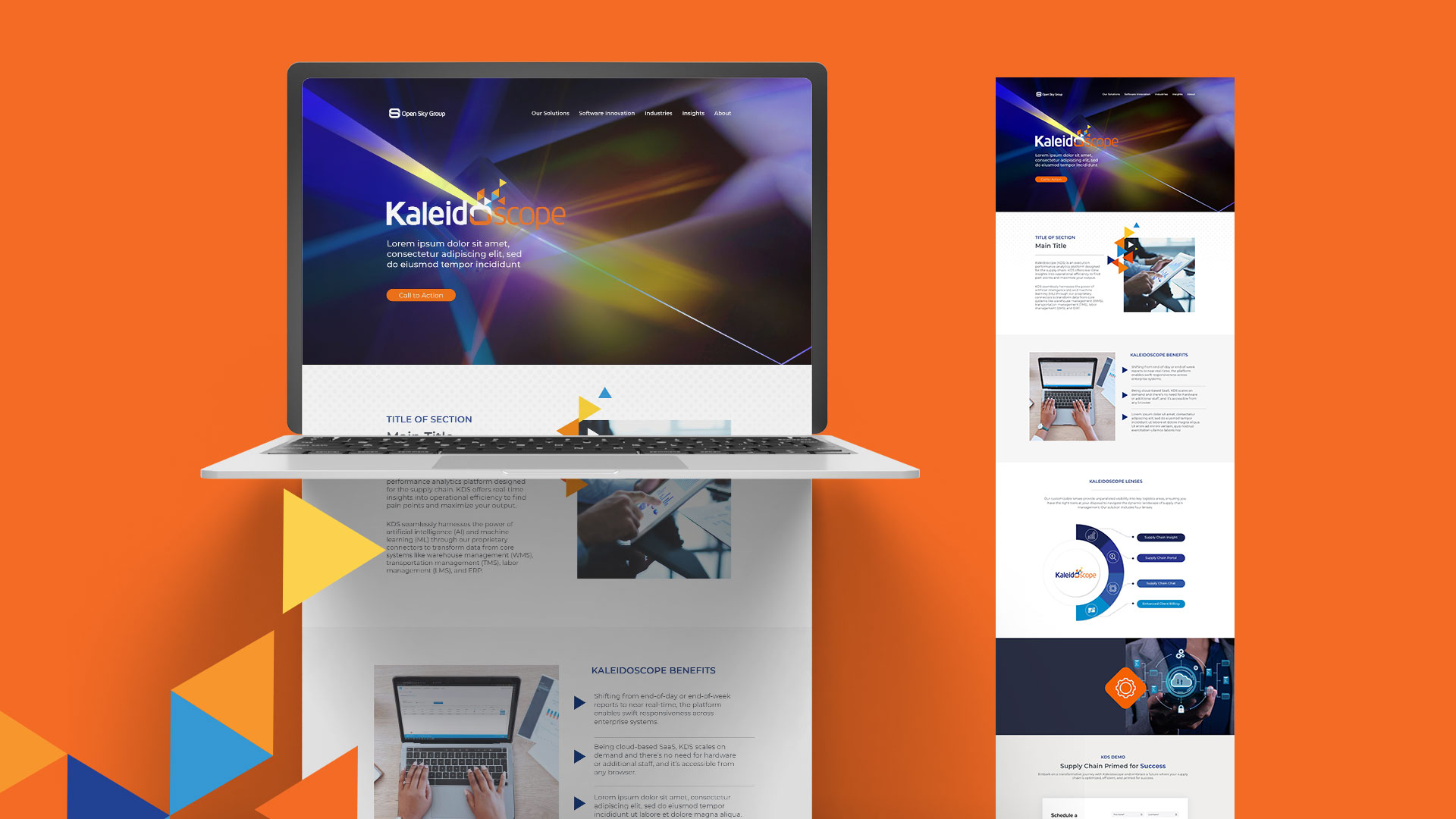A laptop displays a colorful business website homepage with geometric designs, shown alongside a vertical preview of the full website layout on an orange background.