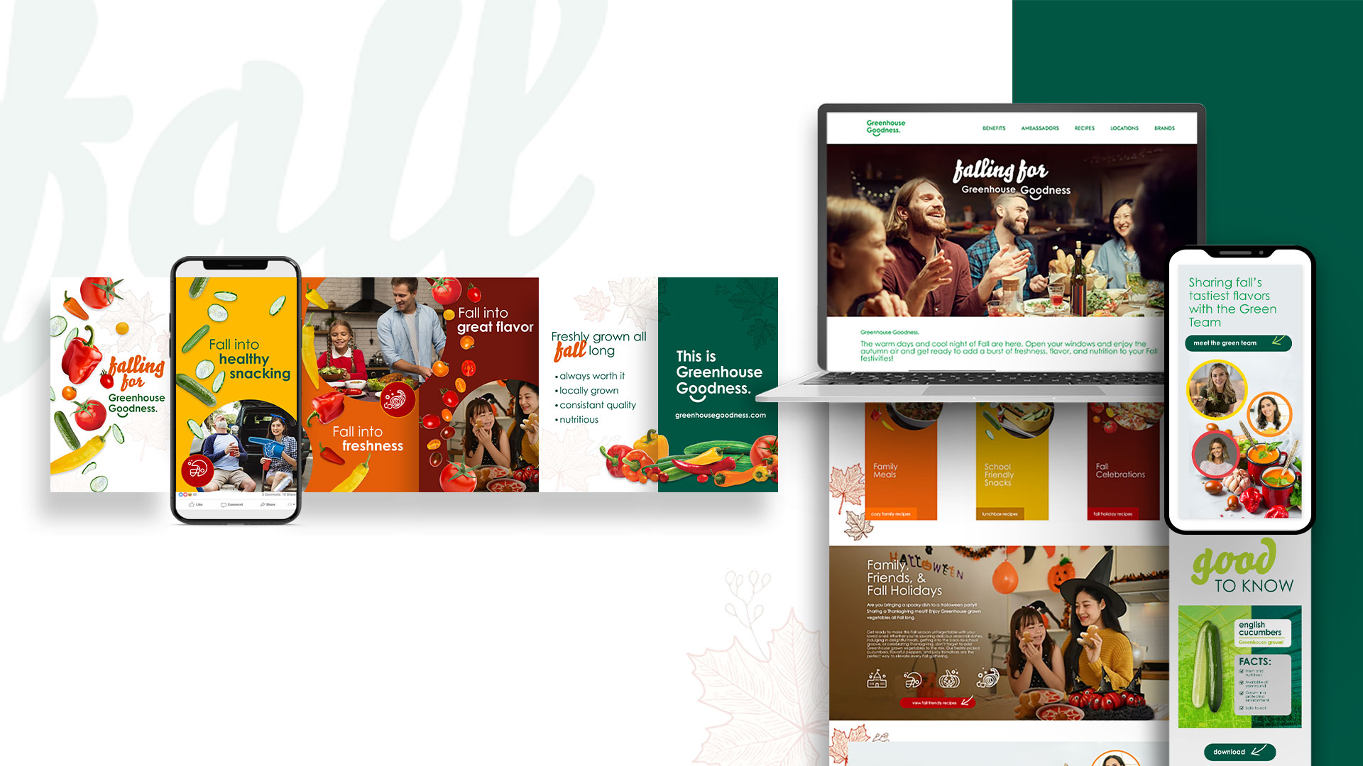 A digital display of a website and mobile app for Greenhouse Goodness, featuring fall-themed graphics, fresh produce, and family gatherings around meals.
