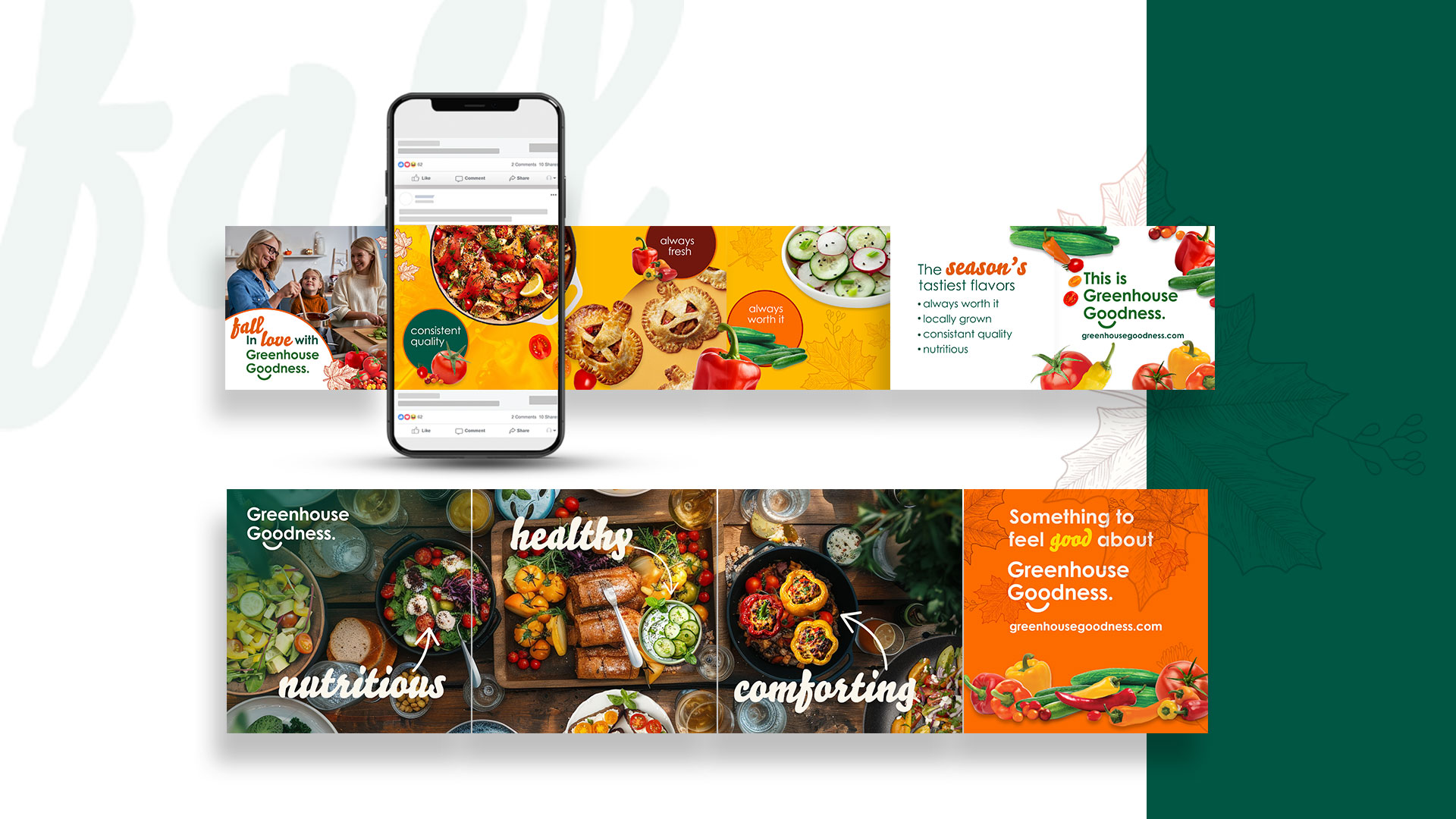A set of colorful food-themed banners and a mobile screen, featuring dishes, fresh produce, and text promoting Greenhouse Goodness’ healthy, nutritious, and composting-focused messaging.