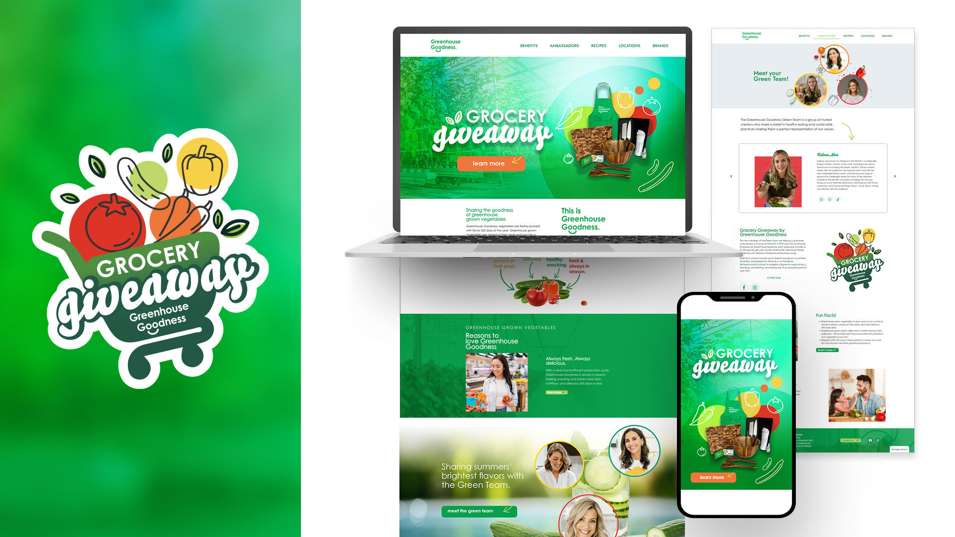 Mockups of a grocery giveaway website are displayed on a laptop, smartphone, and desktop, featuring a green theme, fresh produce graphics, and lifestyle photos.