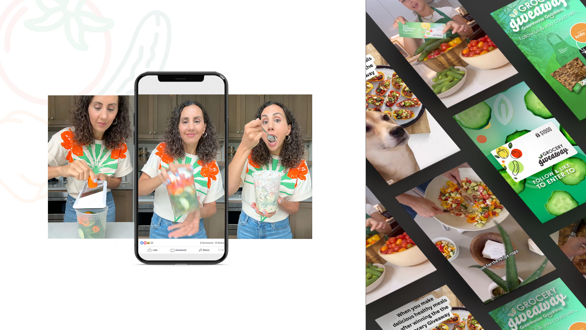A woman in a floral shirt prepares and eats a salad in three smartphone images, alongside social media posts featuring food, a dog, and a grocery giveaway announcement.