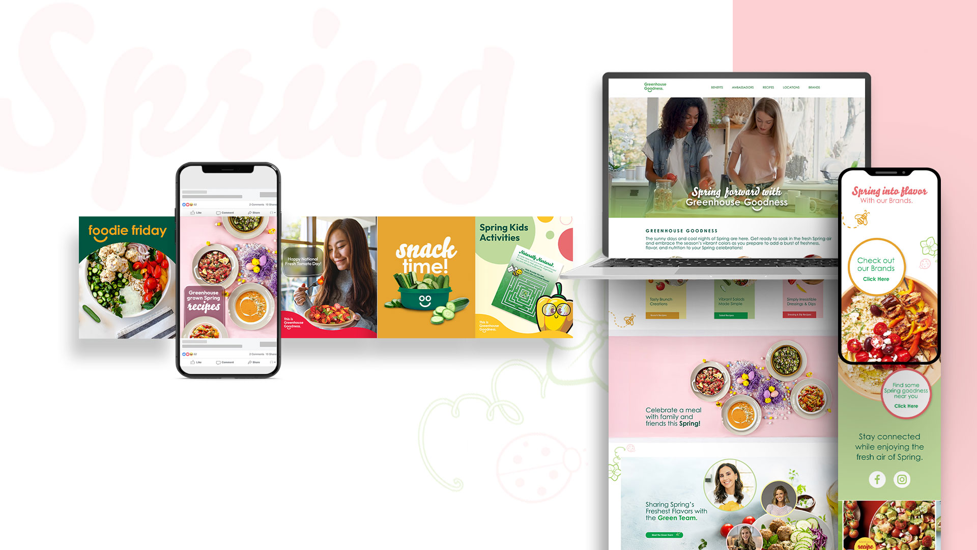 A smartphone, a tablet, and a laptop display a food-themed website featuring meals, recipes, and spring-themed graphics with images of people, salads, and colorful promotional banners.