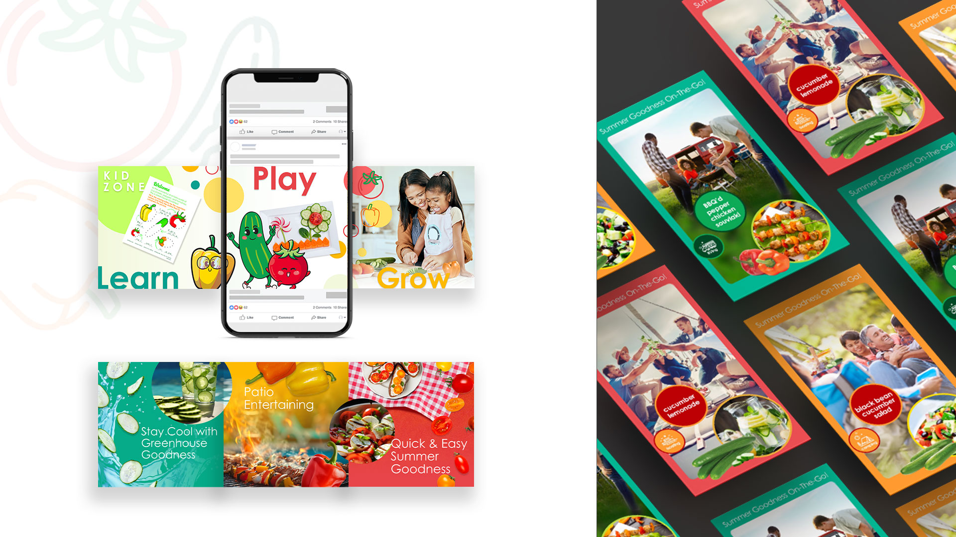 A smartphone displaying a kid's educational app is surrounded by colorful banners, while the right side shows an array of vibrant promotional cards with food and family images.