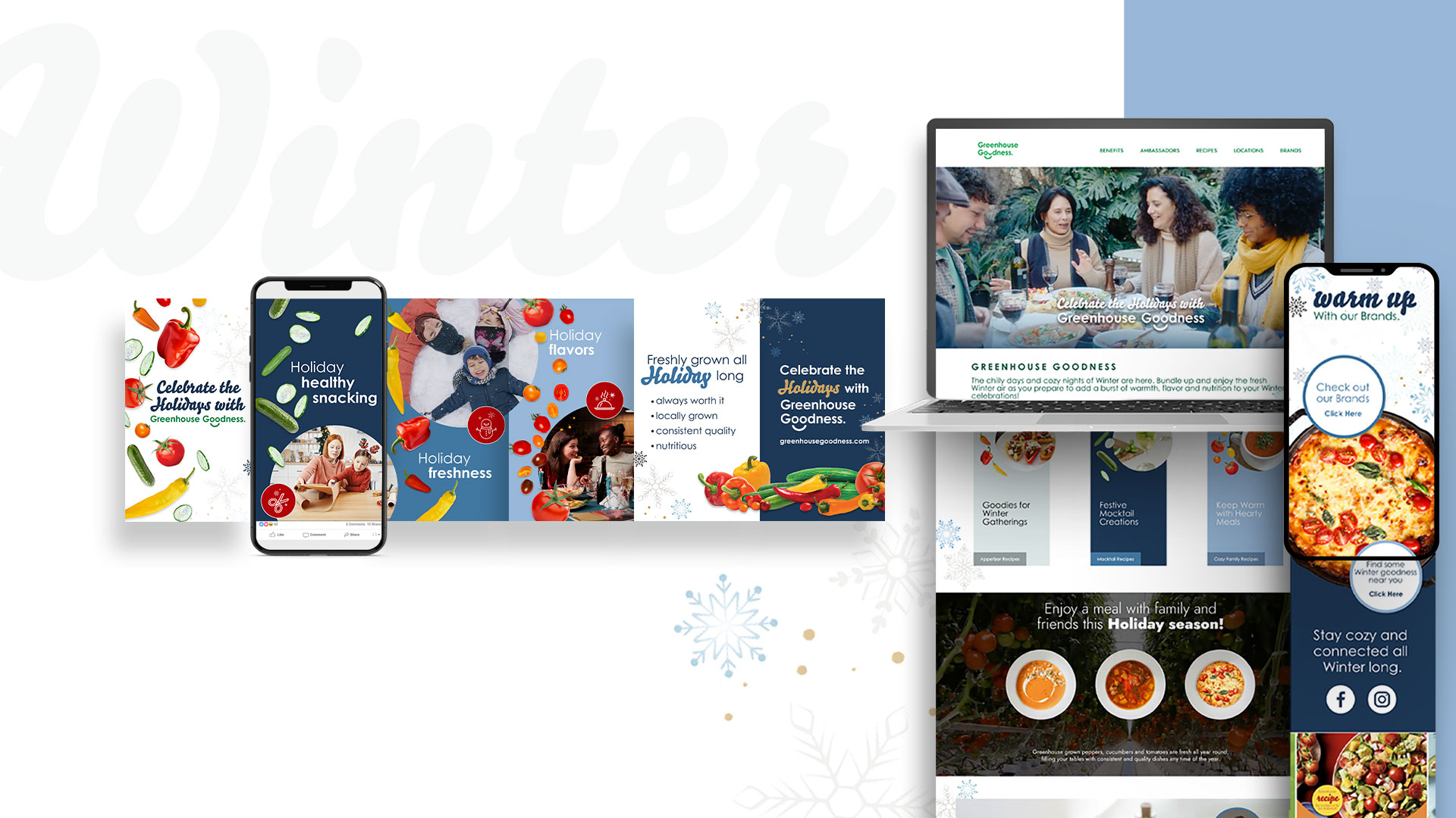 A digital collage displays marketing materials for holiday snacking, shown on a smartphone, laptop, and several banner images with festive food and winter themes.