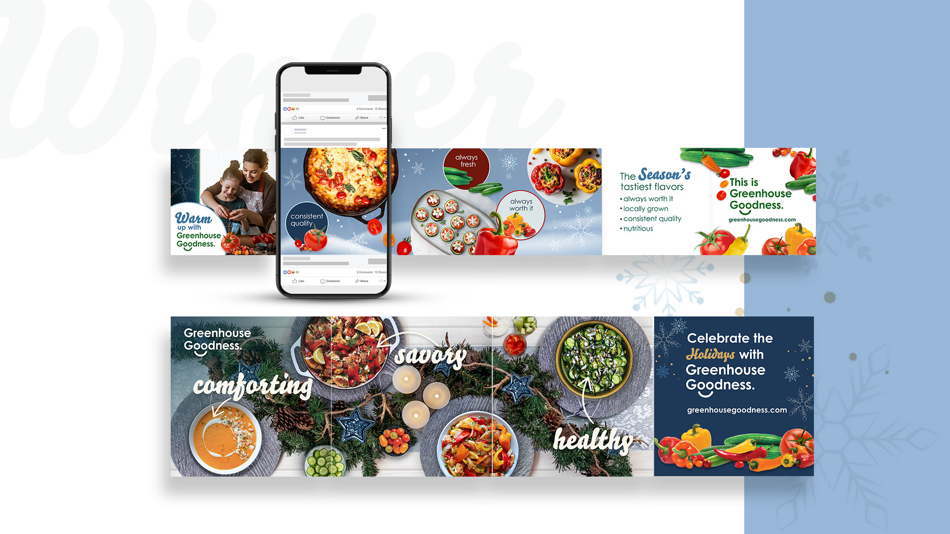 A collection of food-themed digital ads and banners featuring fresh vegetables, salads, and pizzas, with a smartphone displaying a related website interface.