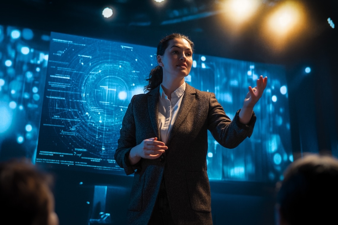 A woman in a suit presents in front of a large digital screen displaying data and graphics in a dimly lit room.