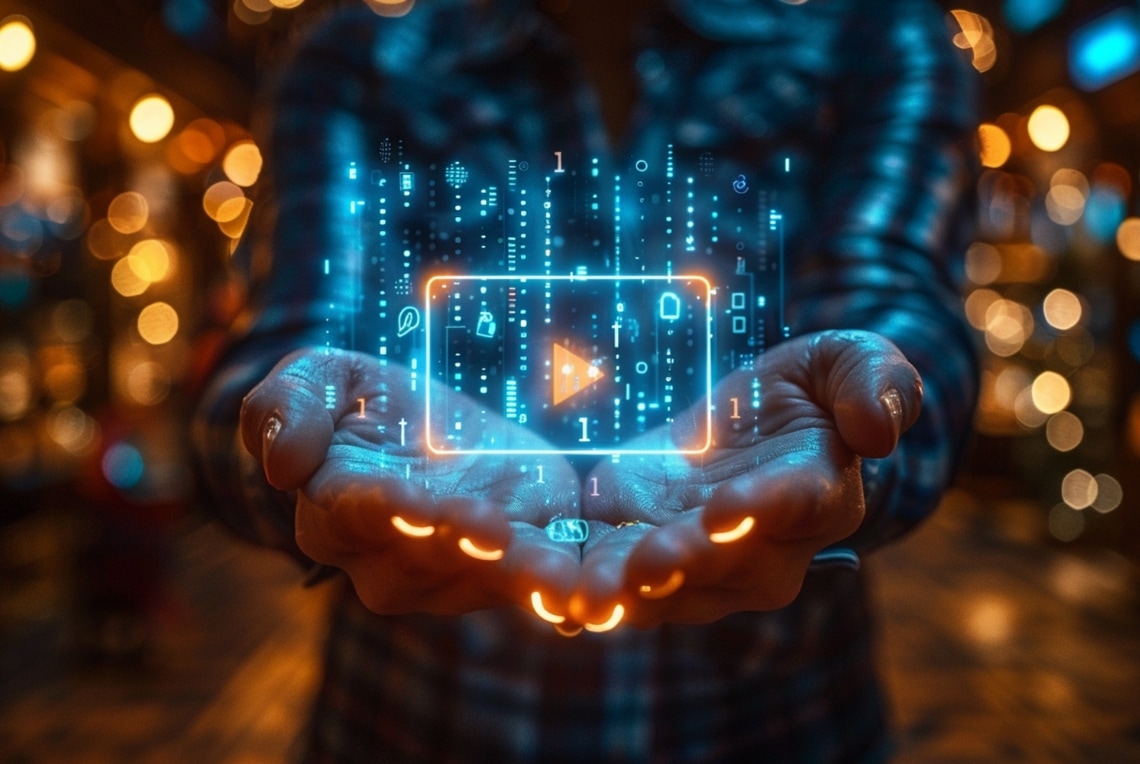 A person holds out their hands with a glowing digital play button and binary code graphics floating above, suggesting AI-powered personalization or the influence of marketing trends 2026 in technology and digital media.
