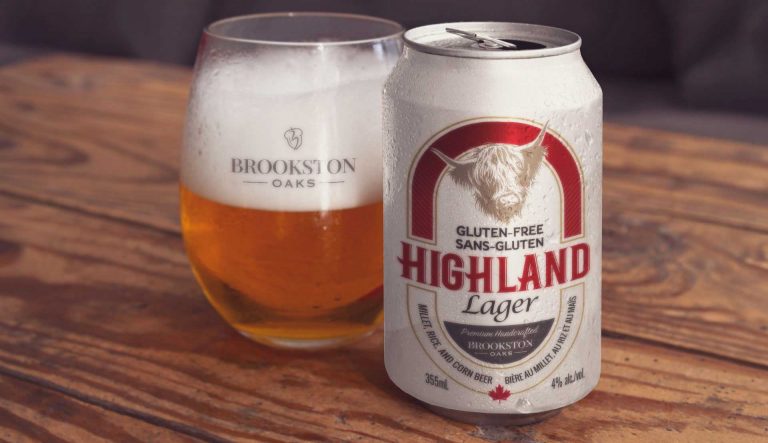 A can of Highland Lager and a glass of beer on a wooden surface. The can is labeled gluten-free and features an illustration of a highland cow.