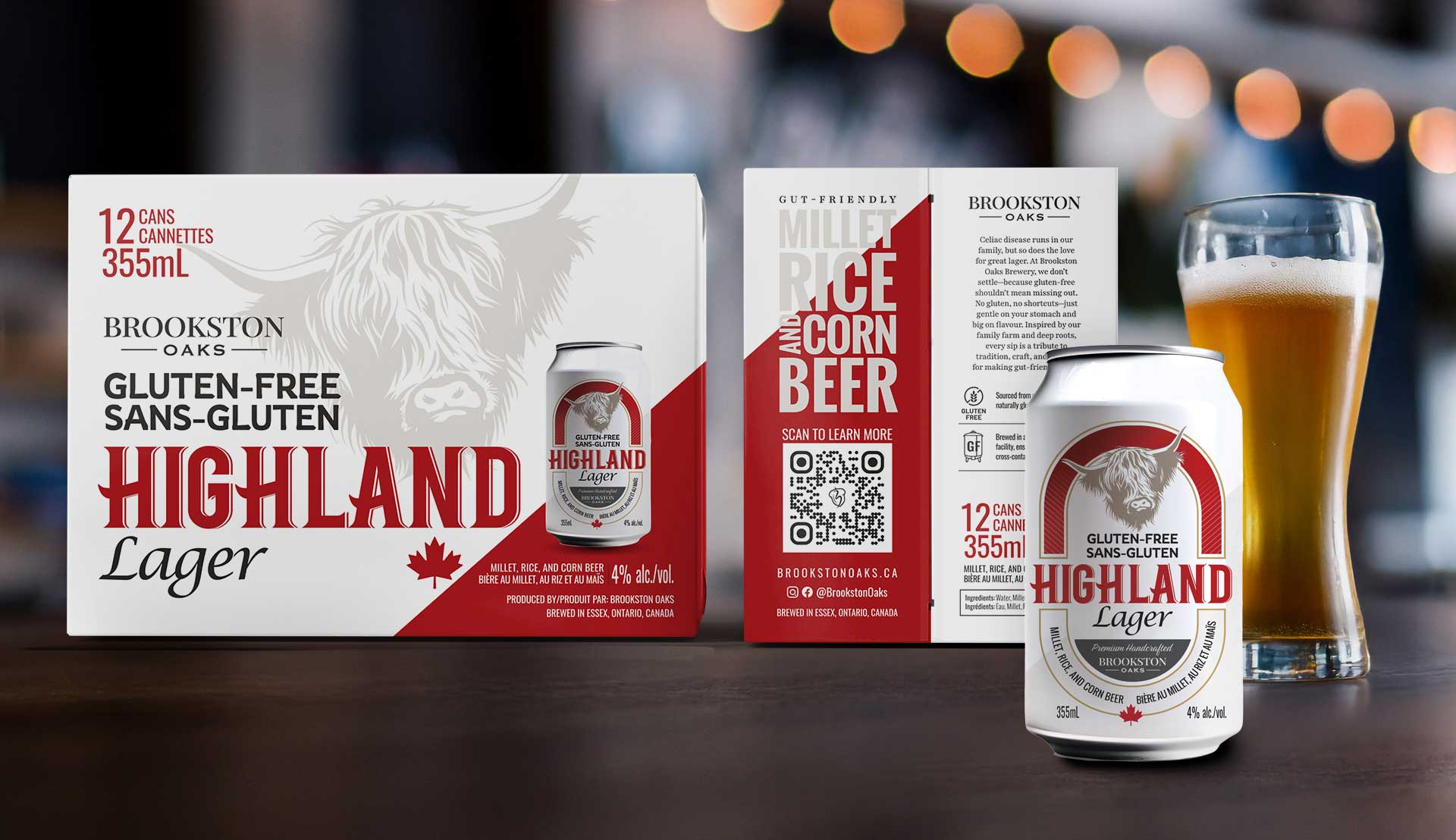 A box, can, and glass of Brookston Oaks Highland Lager, labeled gluten-free, with branding featuring a highland cow illustration and packaging details.