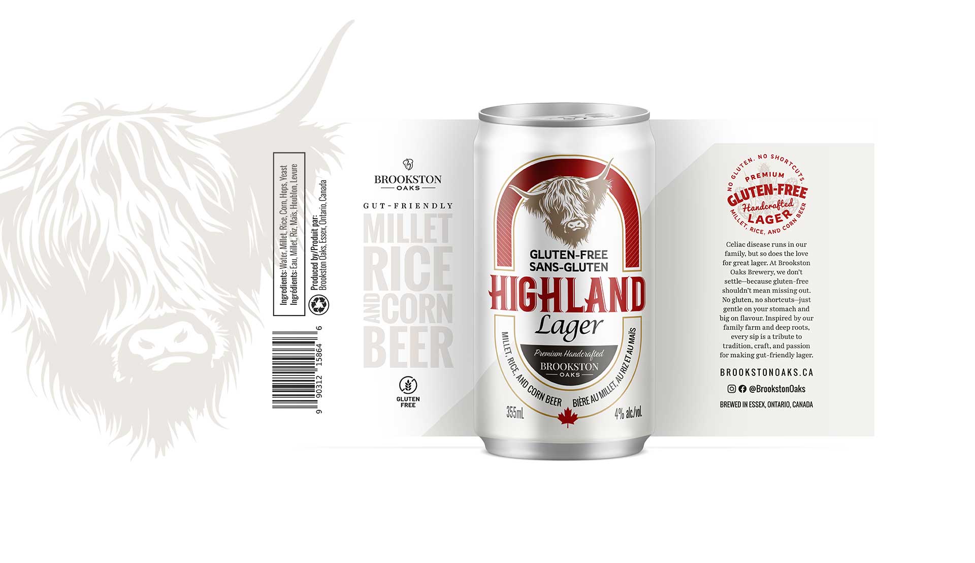 A can of Brookston Highland Gluten-Free Lager beer is displayed on its label, featuring a graphic of a highland cow and information about its gluten-free ingredients.