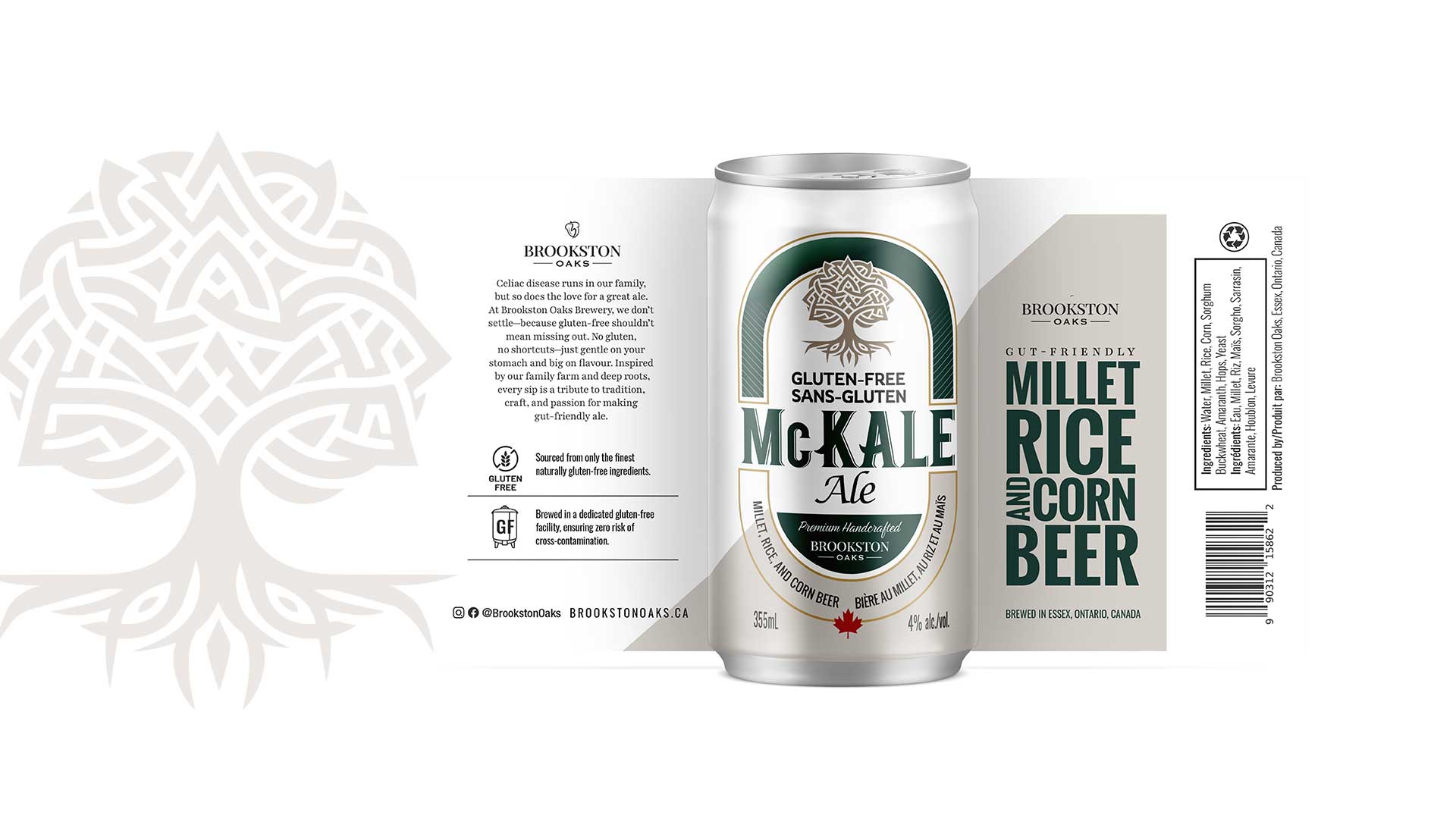 A can of Brookston McKale Ale gluten-free beer is centered on a white label with text highlighting millet, rice, and corn ingredients, and a stylized tree design on the left.