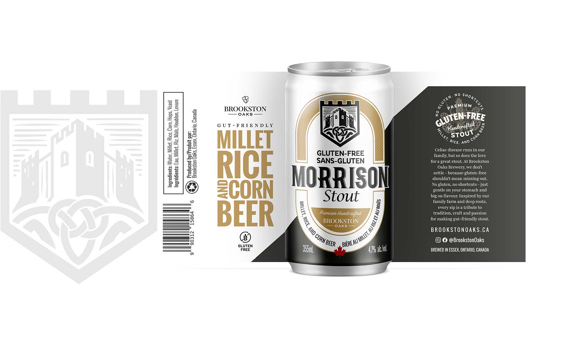 A can of Morrison Stout, a gluten-free millet, rice, and corn beer by Bronskon Oaks, is shown with its detailed product label and logo in the background.