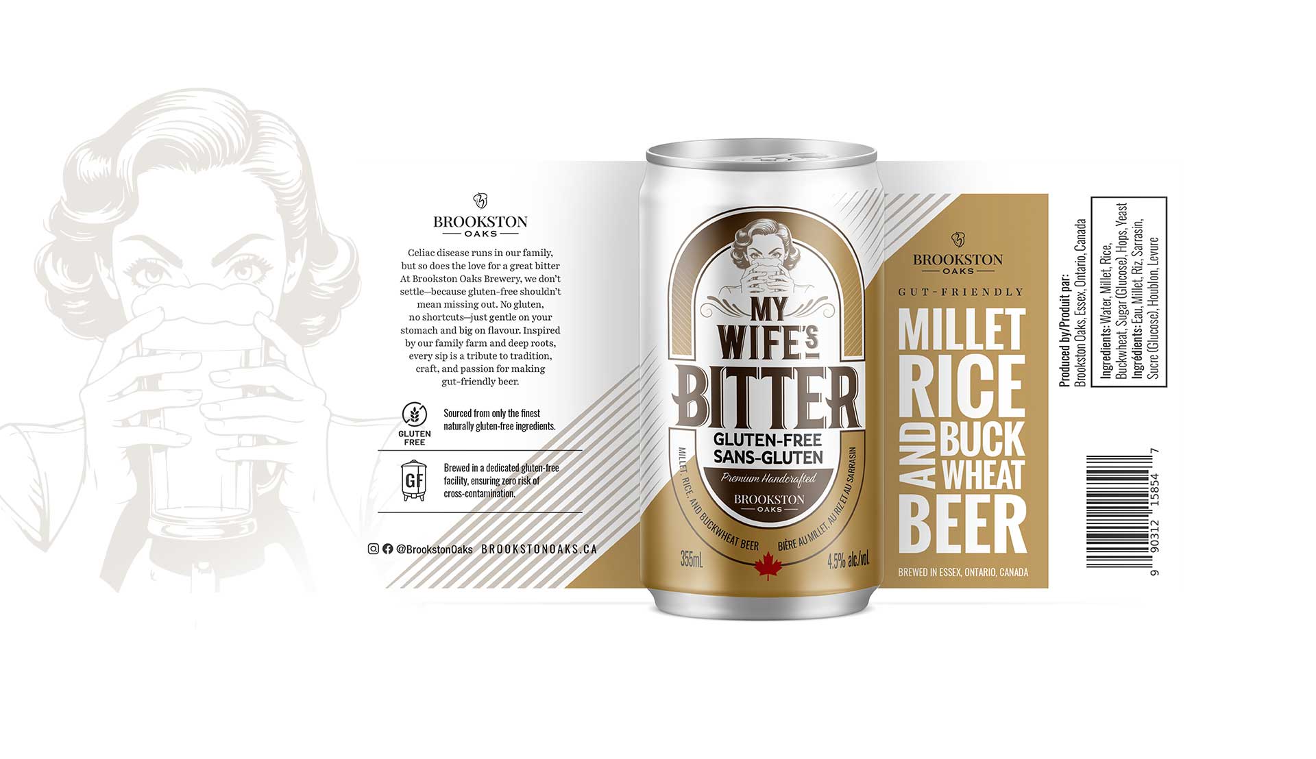 A can of Brookston My Wife's Bitter gluten-free millet, rice, and buckwheat beer with product details and a vintage illustration of a woman drinking on the label.