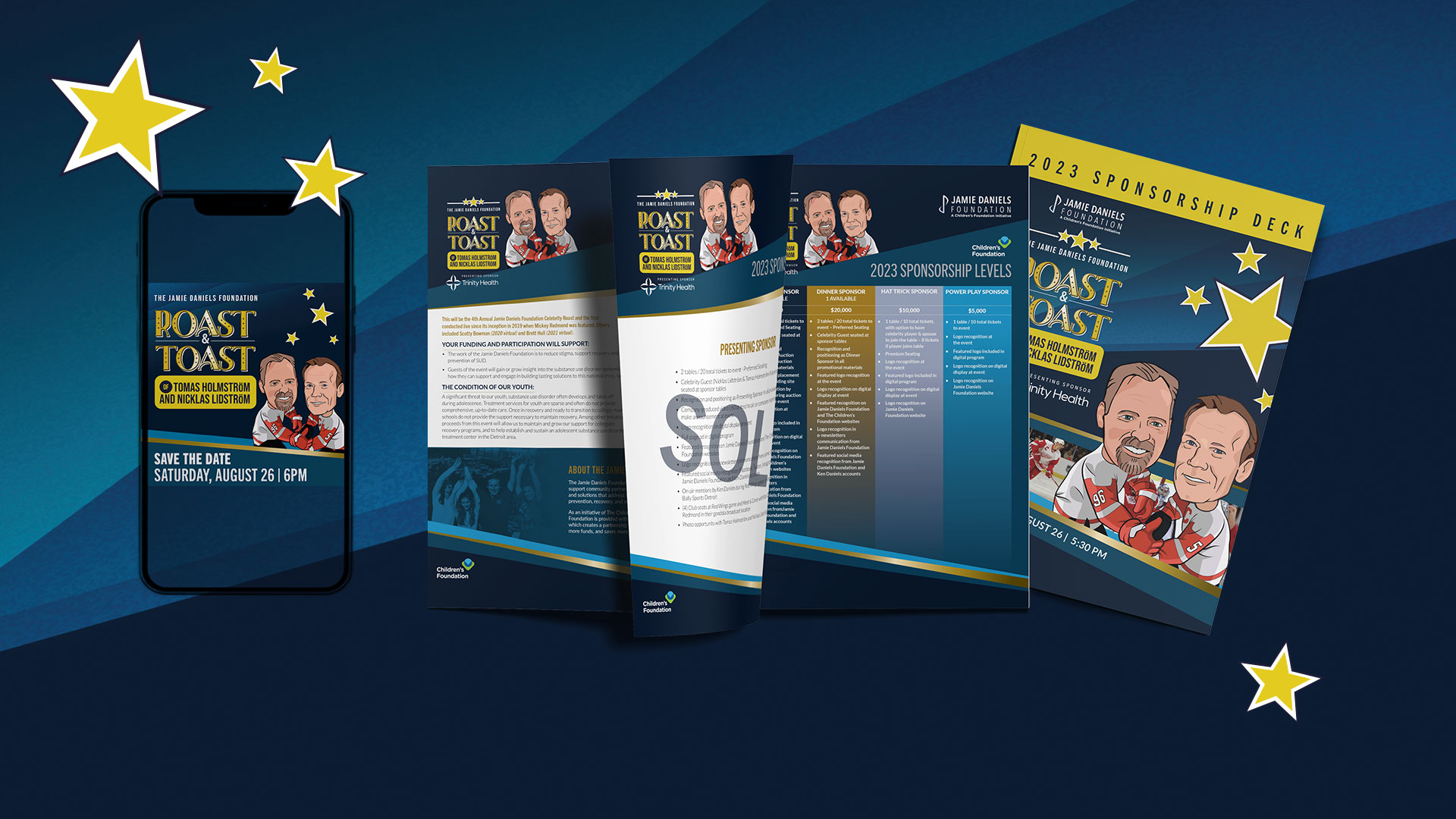 A digital display and four printed materials for the "Roast & Toast" event, featuring event details, sponsorship information, and illustrated portraits of two men on the cover.