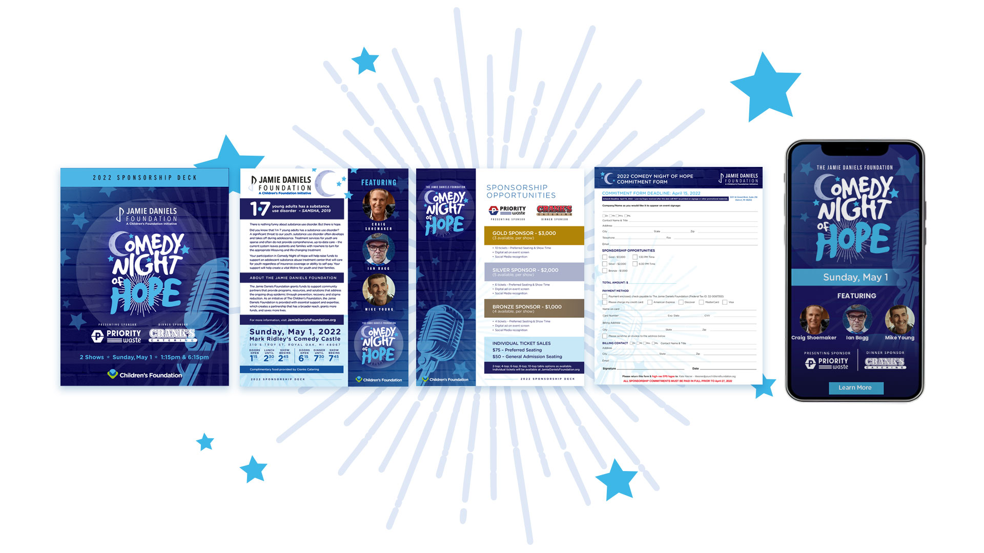 A promotional display for "Comedy Night of Hope" features event details, sponsorship information, form fields, and a mobile view, all with a blue star-themed background.