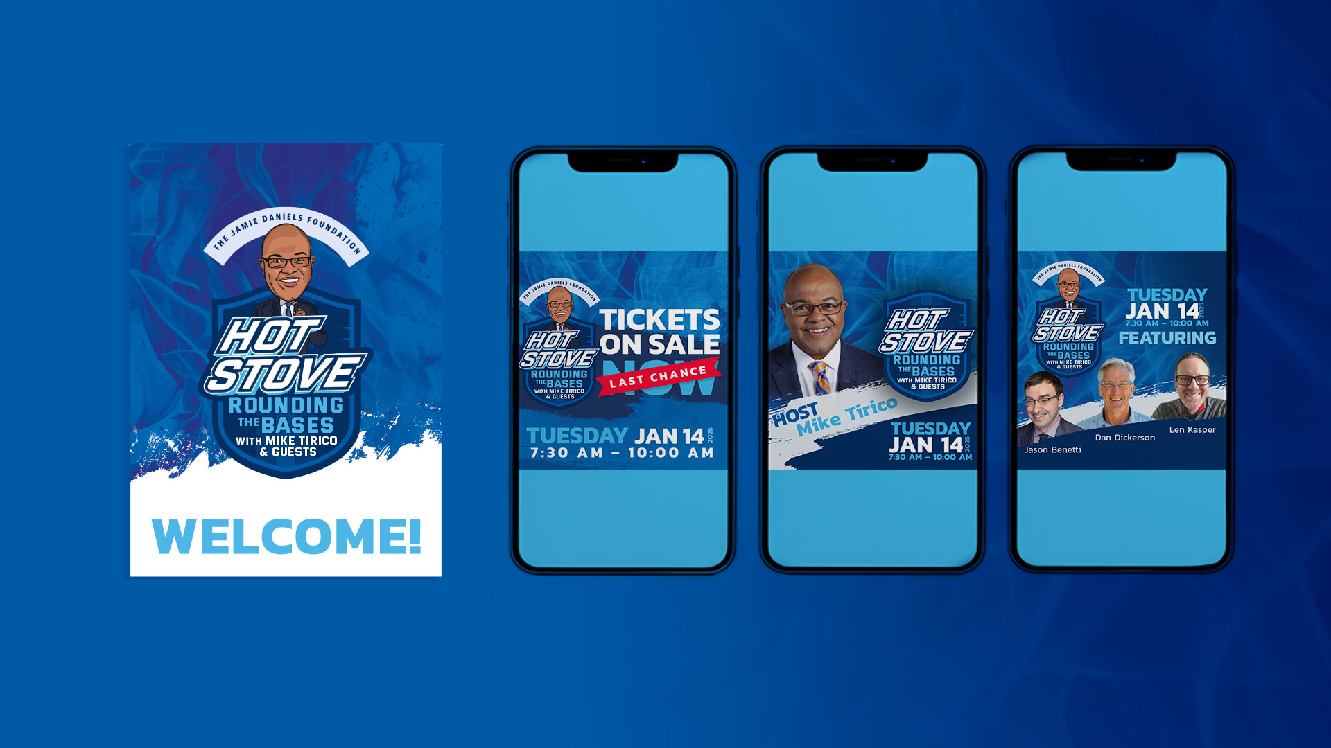 A promotional graphic for "Hot Stove: Rounding the Bases with Mike Tirico & Guests" showing event details and ticket info on posters and phone screens.