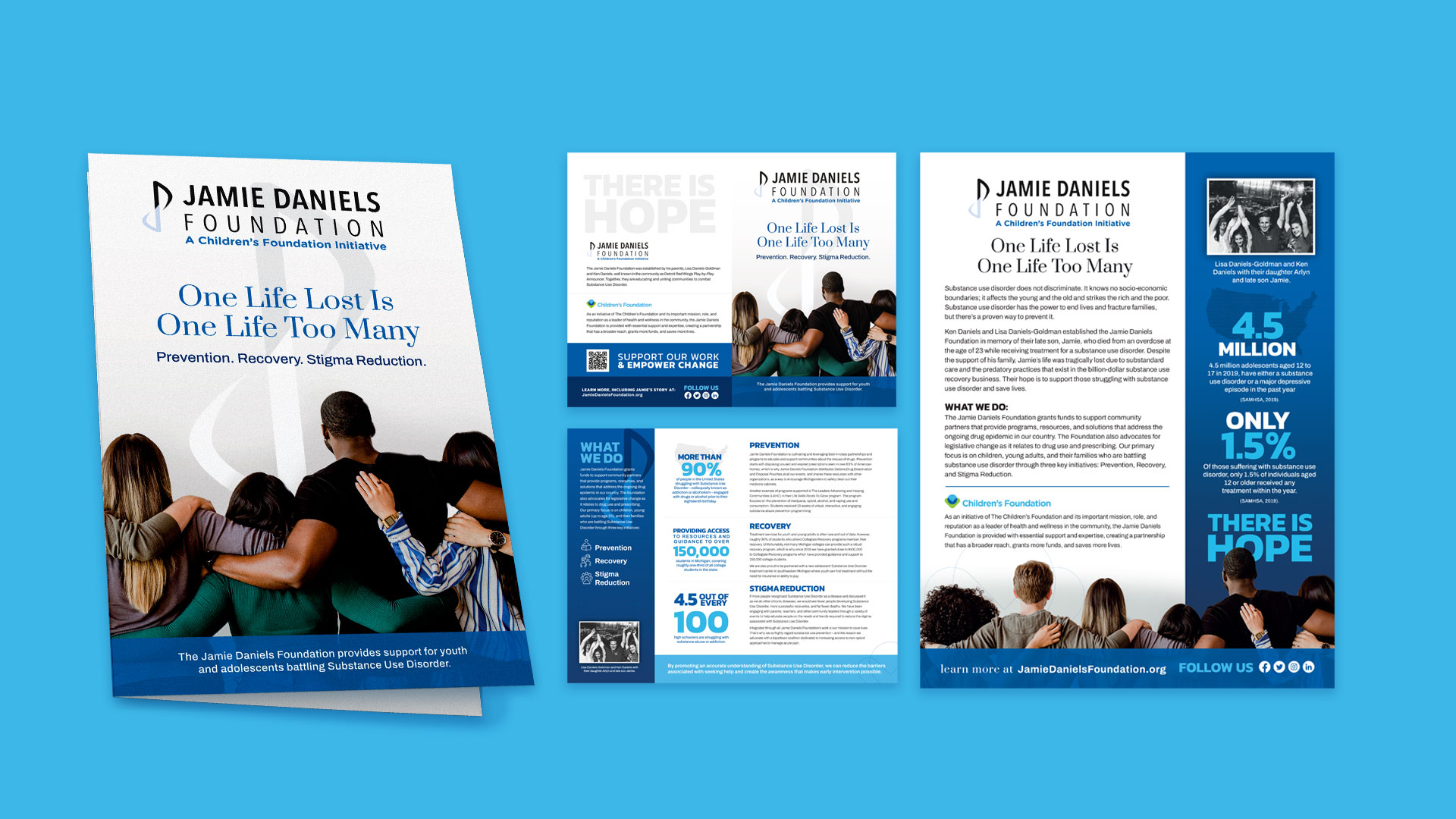 Three informational flyers for the Jamie Daniels Foundation featuring images of people embracing and text about addiction prevention, recovery, and stigma reduction on a blue background.