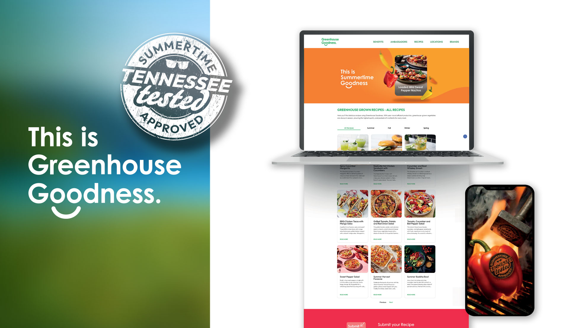 A laptop and smartphone display the Greenhouse Goodness website with various food images; a "Tennessee Summertime Tested Approved" badge is shown on the side.
