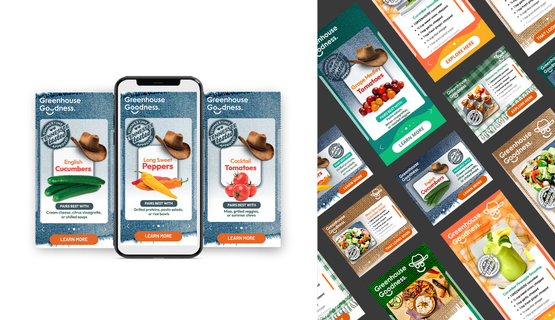 Three Greenhouse Goodness vegetable packages and a smartphone are shown on the left; assorted digital recipe cards are displayed on the right against a white background.