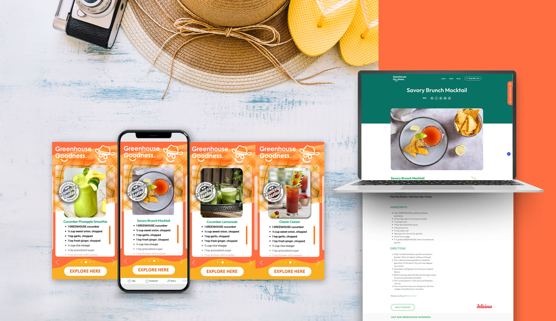 A flat lay shows summer accessories, three drink recipe cards on a phone depicting mocktails, and a laptop displaying a mocktail recipe website on an orange background.
