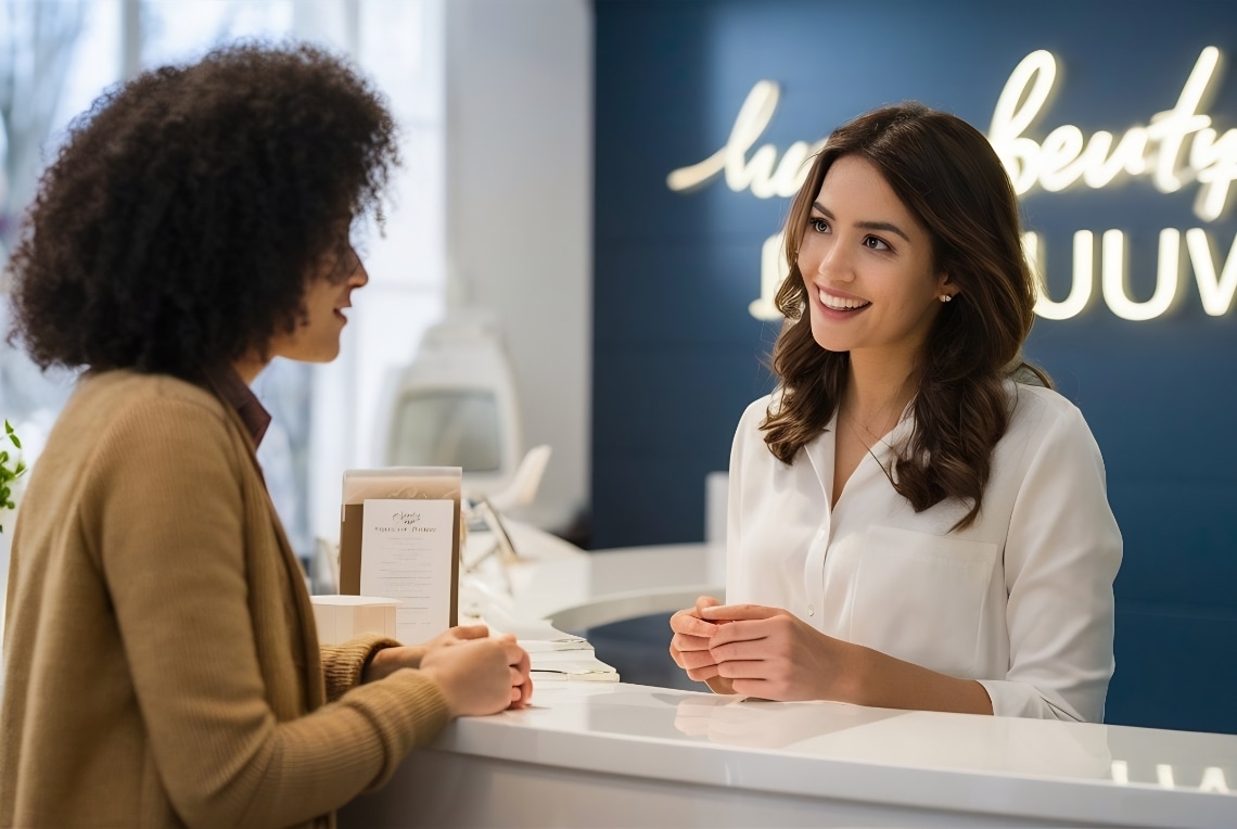 A receptionist in a white blouse smiles and talks with a customer at a front desk in a modern, well-lit office, creating an inviting atmosphere that helps build brand trust.